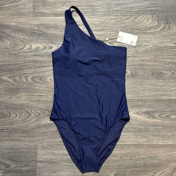 Quince Medium Italian One Shoulder One Piece Swimsuit Swim Wear Navy Blue NWT - Picture 1 of 10